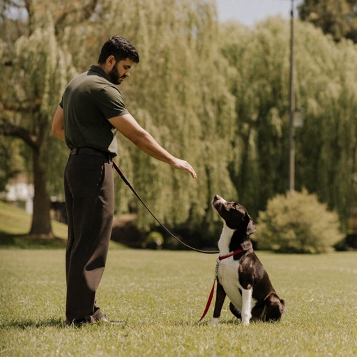 A dog trainer giving a hand signal to an attentive dog sitting on grass in a park