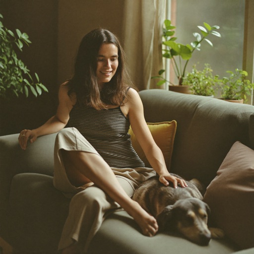 A house sitter on a sofa petting a relaxed dog inside the owner's home